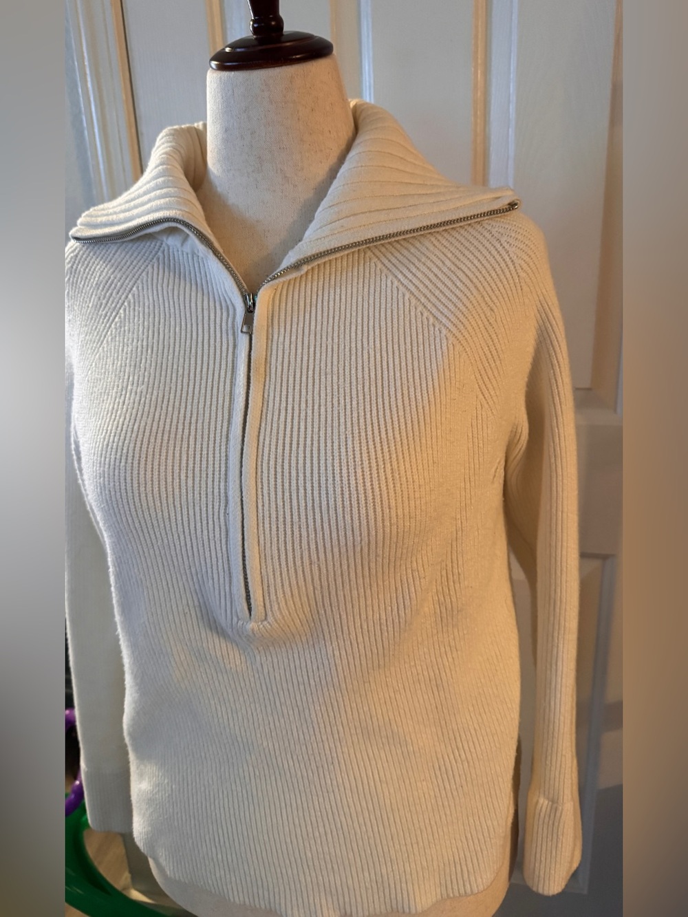 Women's Cream Half-Zip Ribbed Cowl Sweater